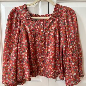 Doen Red Floral Button-Front Peasant Blouse